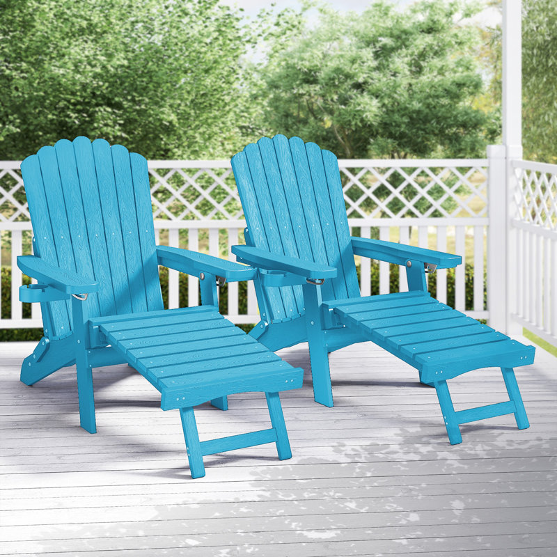 Folding Adjustable Adirondack Chairs Set of 2 With Retractable Ottoman and Cup Holders, Weather-Resistant HDPE Outdoor Lounge Chairs for Porch, Patio, Lawn, and Balcony