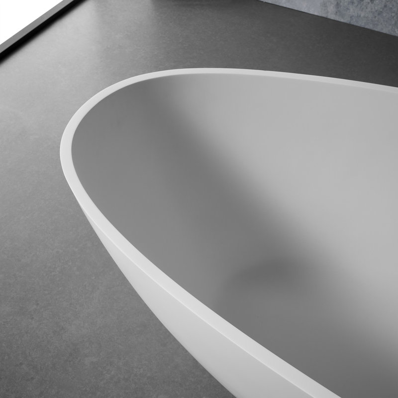 59" Freestanding Solid Surface Soaking Bathtub Stone Resin with Overflow and Pop-up Drain, Matte White
