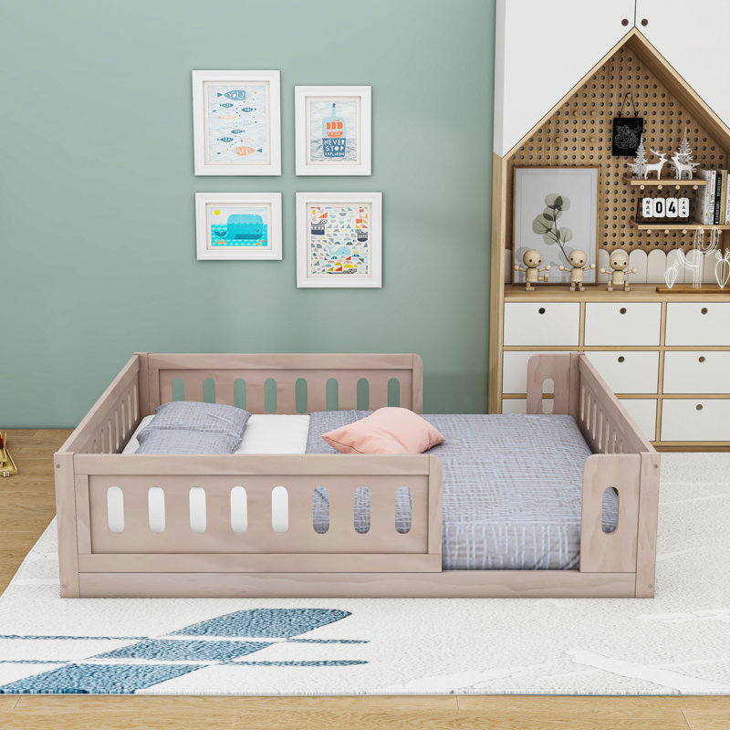 Lit plateforme en bois avec garde-corps, Naturel