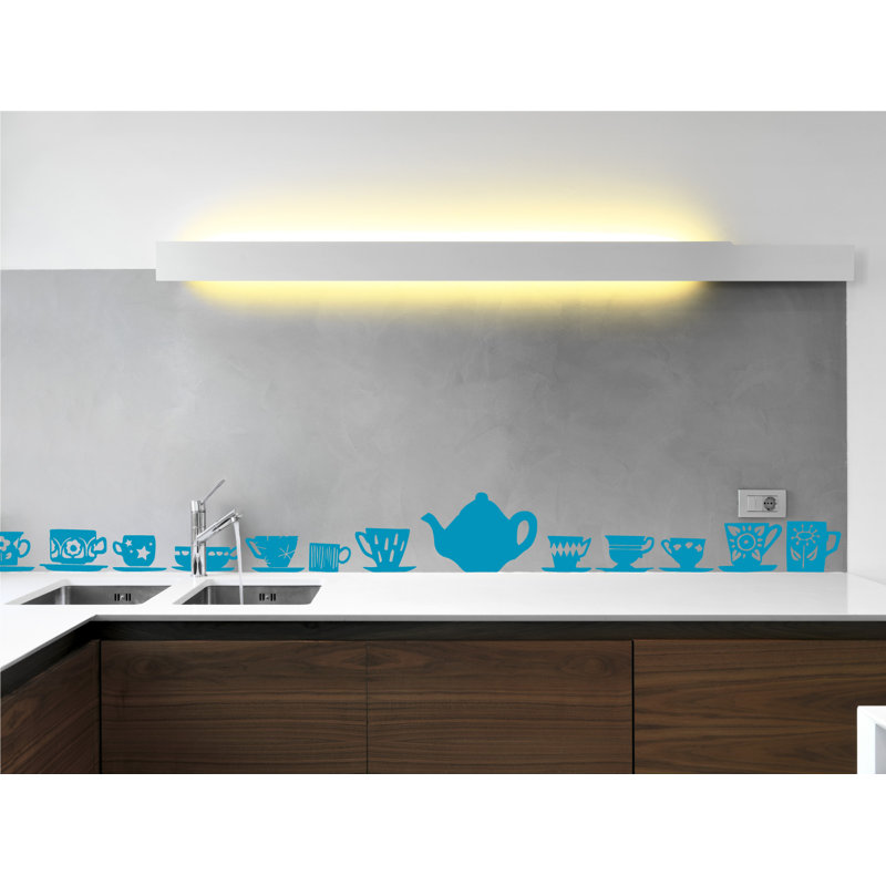 Décalcomanie murale tasses de thé, H 32 po x l 33 po x P 0,01 po, Bleu sarcelle