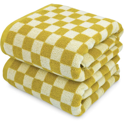 Serviettes de bain de luxe - Ensemble de 2 serviettes de bain en coton pour le séchage du corps 55 x 27,5 pouces, jaune moutarde à carreaux