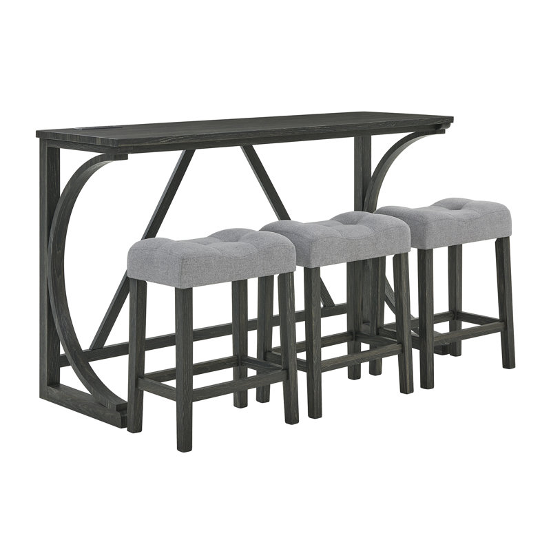 59" Multi-Purpose Bar Table Set with 3 Stools and Built-in Power Outlet, Solid Wood Sofa Table for Kitchen, Living Room, Dining Area