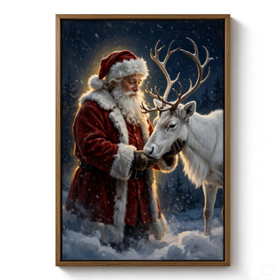 Père Noël et renne dans la neige, art mural sur toile, 16 x 24 po