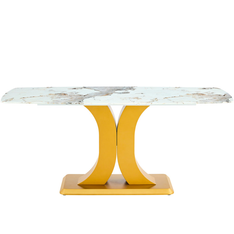 Table de salle à manger contemporaine en verre marbré avec de magnifiques pieds dorés pour une superbe surface: pour une utilisation durable
