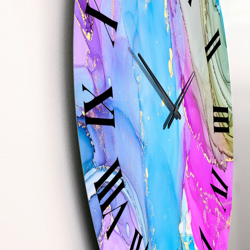 Turquoise et rose, art abstrait fluide de luxe - horloge murale moderne, Surdimensionné