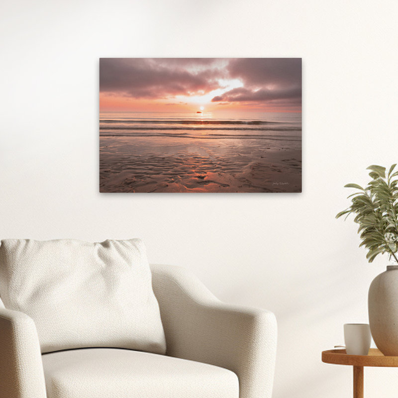 «Let It Set With The Sun», paysage de plage gris contemporain avec nuage, H 24 po x l 16 po