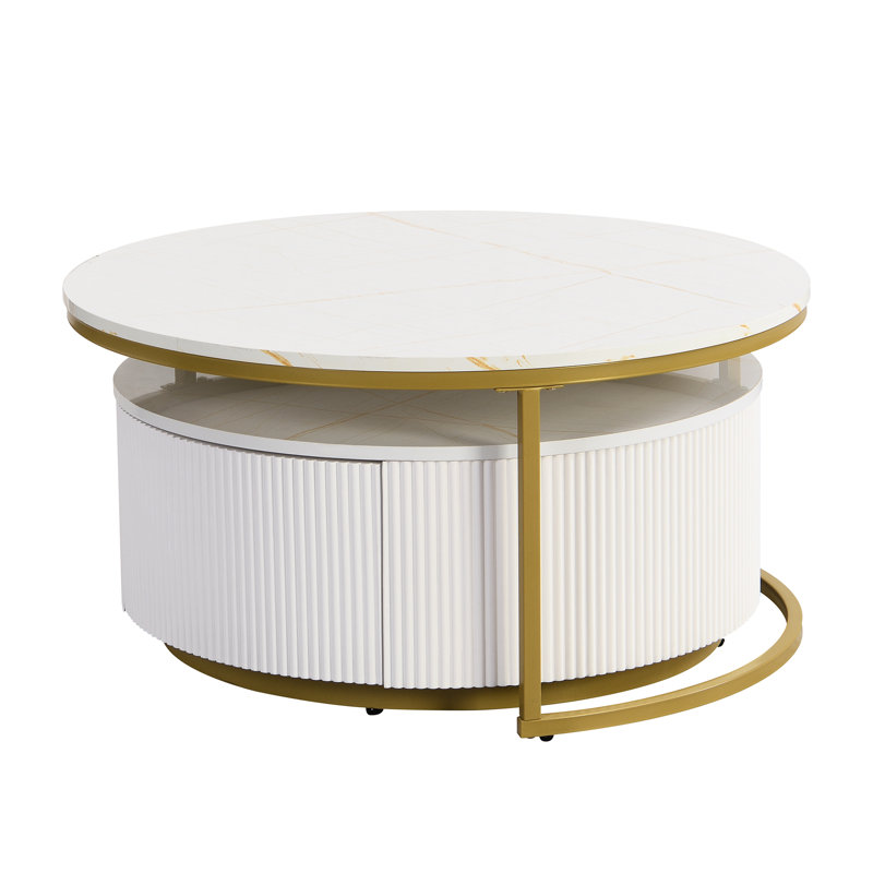 Table basse dorée dorée moderne avec motif cannelé et tiroir rond, Blanc