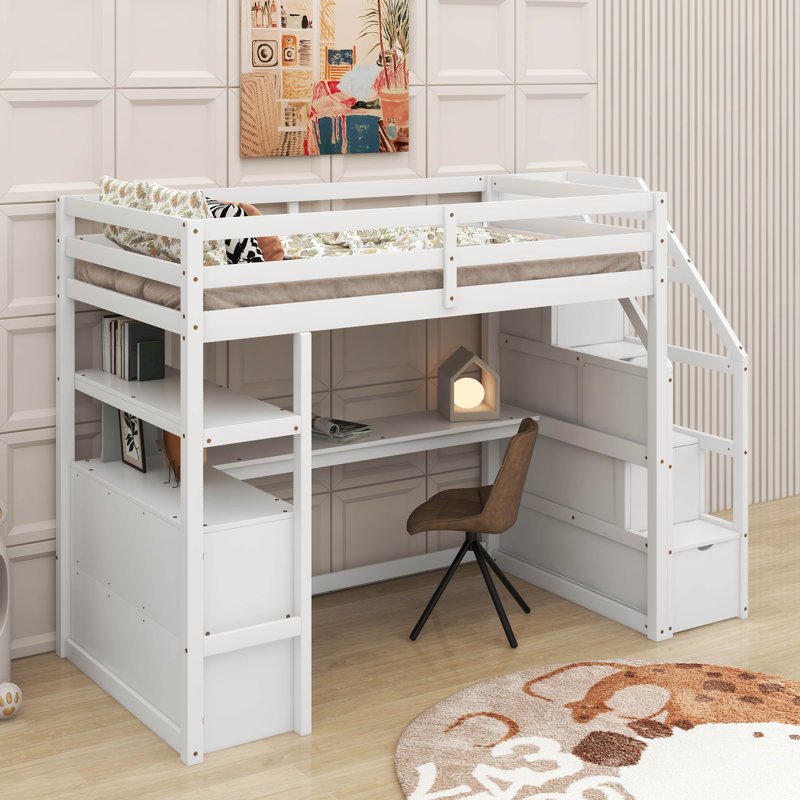 Lit mezzanine simple avec bureau et tablettes, Lit simple, Blanc