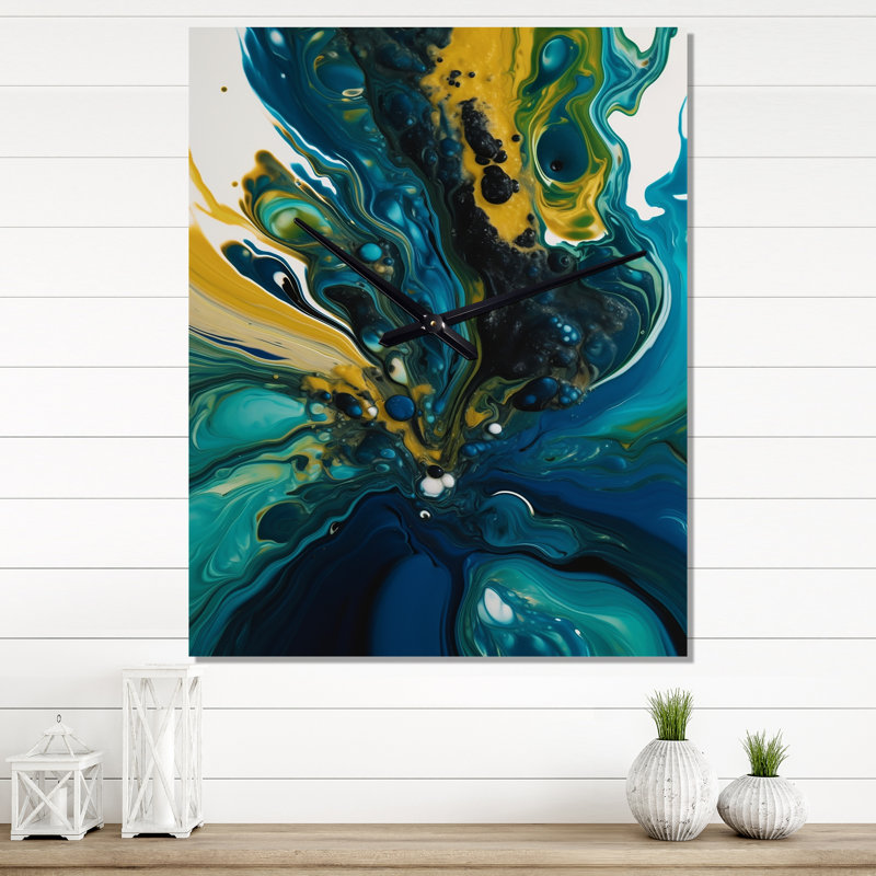 Horloge murale abstraite bleu sarcelle et jaune, Petit