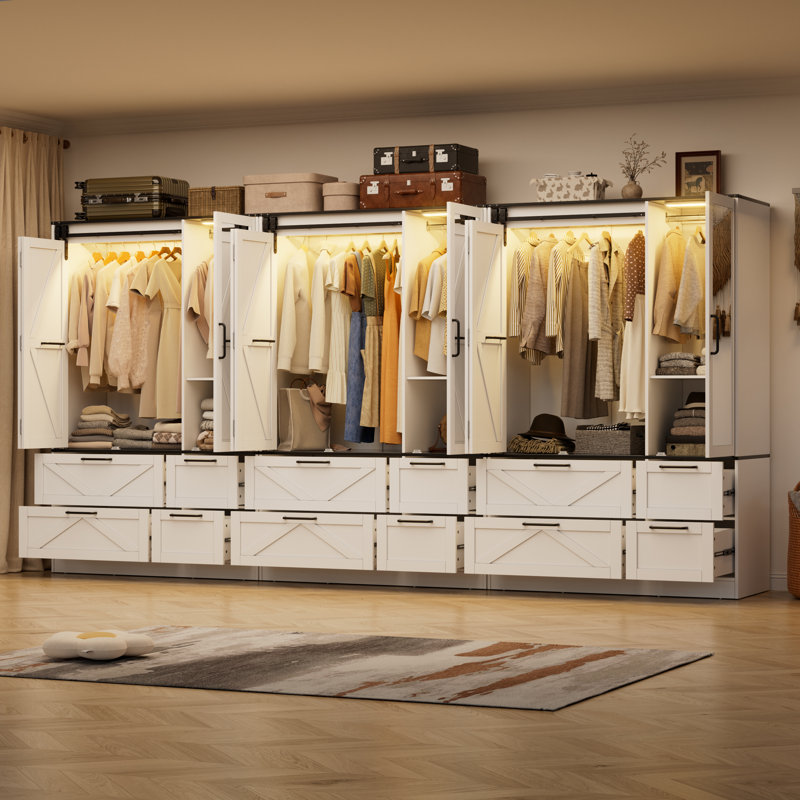 Armoire penderie avec porte de grange coulissante pliante et lumières à capteur (9 portes)