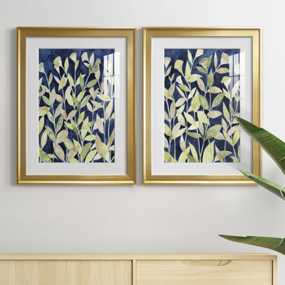 Indigo Blooming Night I - Vintage Botanical Print, Matted and Framed Under Acrylic Glass, Set of 2, Living Room and Dining Room Wall Art