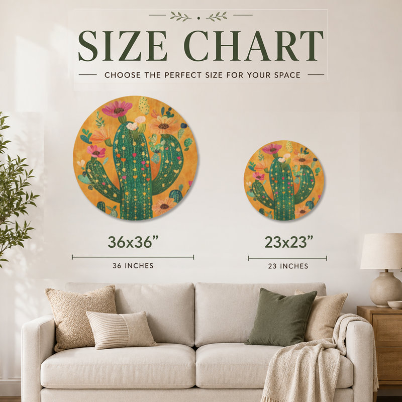 Jardin de cactus du Mexique - Affiche murale ronde en bois de style bohème, Rond 36 po, Rond