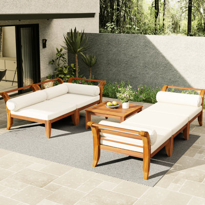 6 - Piece Patio Furniture In Wood, L Shaped Sectional With Convertible Daybed, 5 Cushions, For Evening Outdoor Gatherings Wood Conversation , Garden F