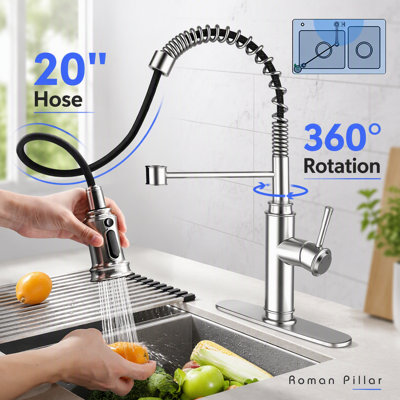 Robinet d'évier de cuisine à ressort avec pulvérisateur rétractable à 3 modes, poignée simple et plaque de pont pour 1 ou 3 trous, rotation à 360 °, acier inoxydable sans plomb