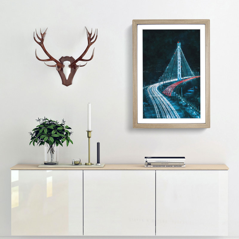 Oakland Bay Bridge In San Francisco - Single Picture Frame Print on MDF, Oak Framed, 87cm H x 62cm W x 2cm D
