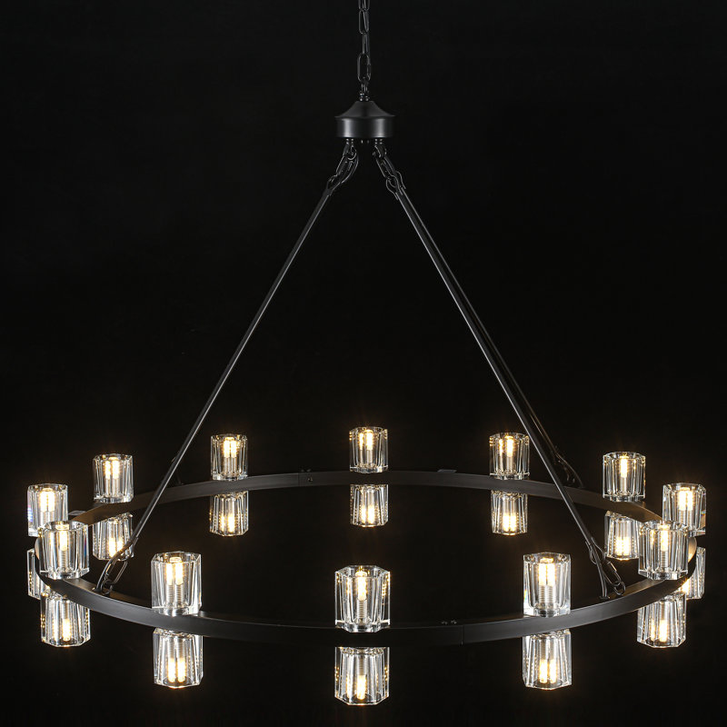 Dimmable Round Crystal Cup Style Wagon Wheel Chandelier For Dining Room Living Room, Matte Black