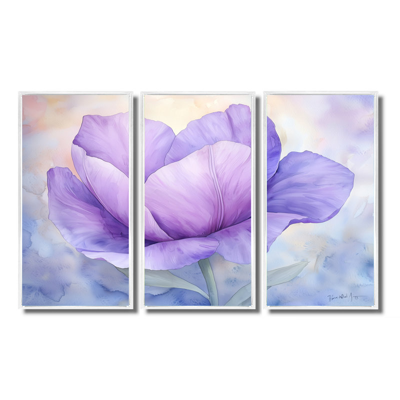 Fleur radieuse de tulipe mauve II - ensemble d'art mural tulipe, H 32 po x l 48 po, Reproduction avec cadre flottant, Blanc