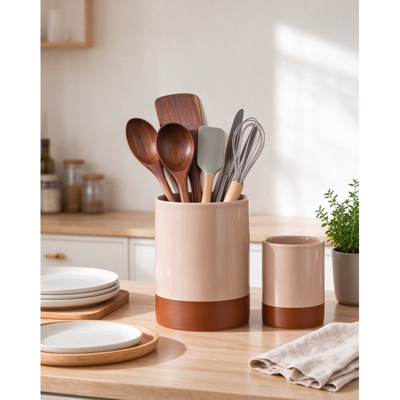 Ensemble de pots à ustensiles en céramique pour comptoir, style champêtre, organisateur d'ustensiles de cuisine polyvalent, rangement robuste en céramique pour spatules, cuillères et plus encore.