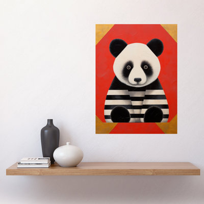 Wall Art Print Panda with Stripes Fun Kids Bedroom Baby Nursery Bright Bold Artwork Red Poster