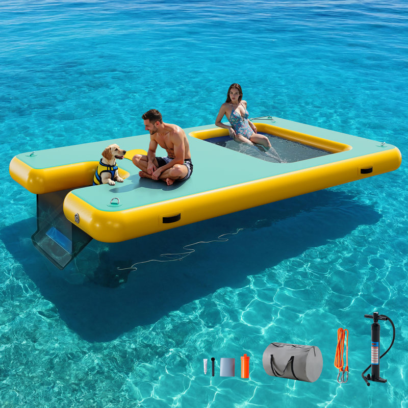 Plateforme gonflable de quai flottant avec hamac à eau et échelle détachable, 10 pi L 6 pi. L, PVC brossé, vert, Vert