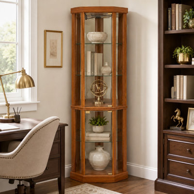 Vitrine de coin lumineuse, vitrine élégante en verre avec éclairage intégré pour le salon, bar, collections antiques et vin, chêne foncé