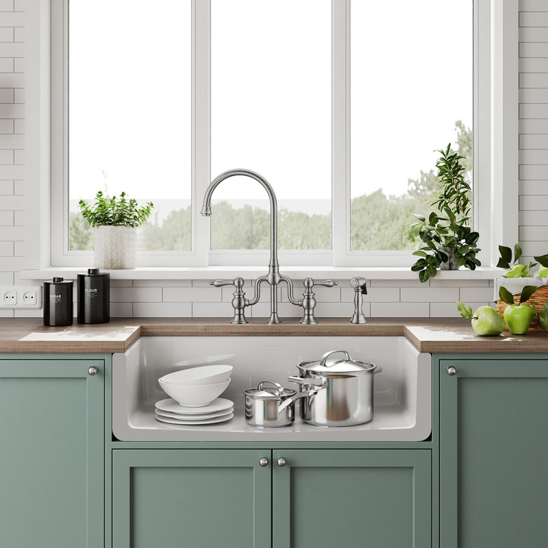 Whitehaus Collection Reversible Fireclay Kitchen Sink with Grid: Three Edge Frame, Plain Front Apron, 10" H x 36" L x 18" W