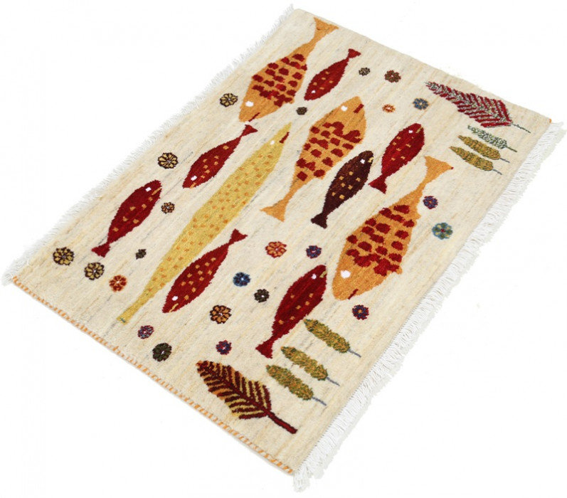 Tapis unique en laine ivoire, rouge, or 2 pi 1 po x 3 pi 1 po Winard