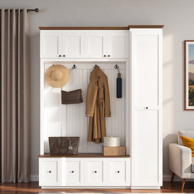 5-in-1 Hall Tree With Bench, Coat Rack, Drawers, Cabinets And Extra-large Side Storage Space, White