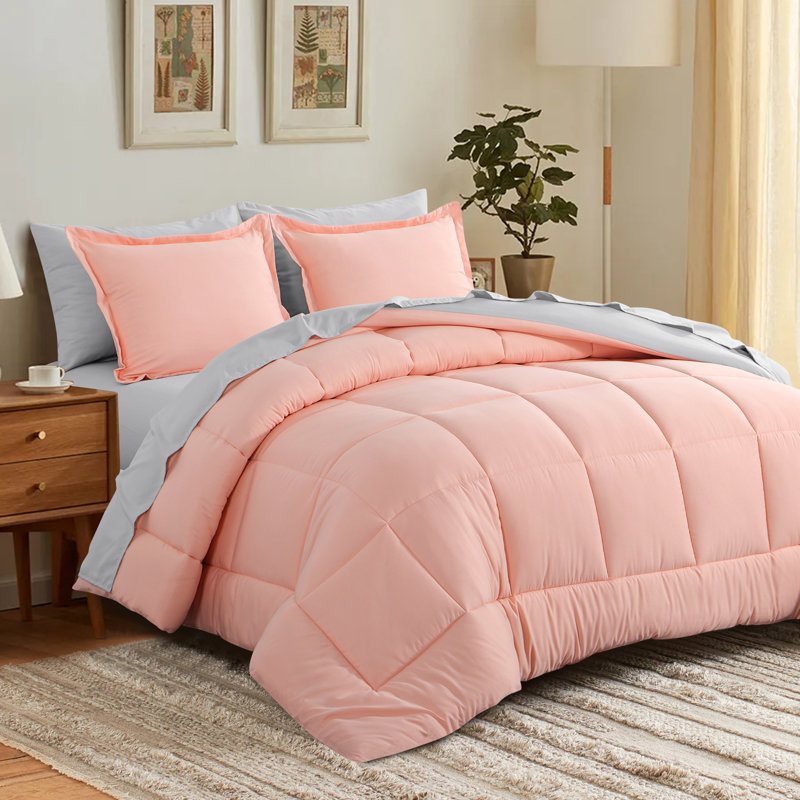 Ensemble d'édredon en microfibre 5/7-pièces , Édredon pour grand lit simple + 4 pièces supplé, Rose / gris clair