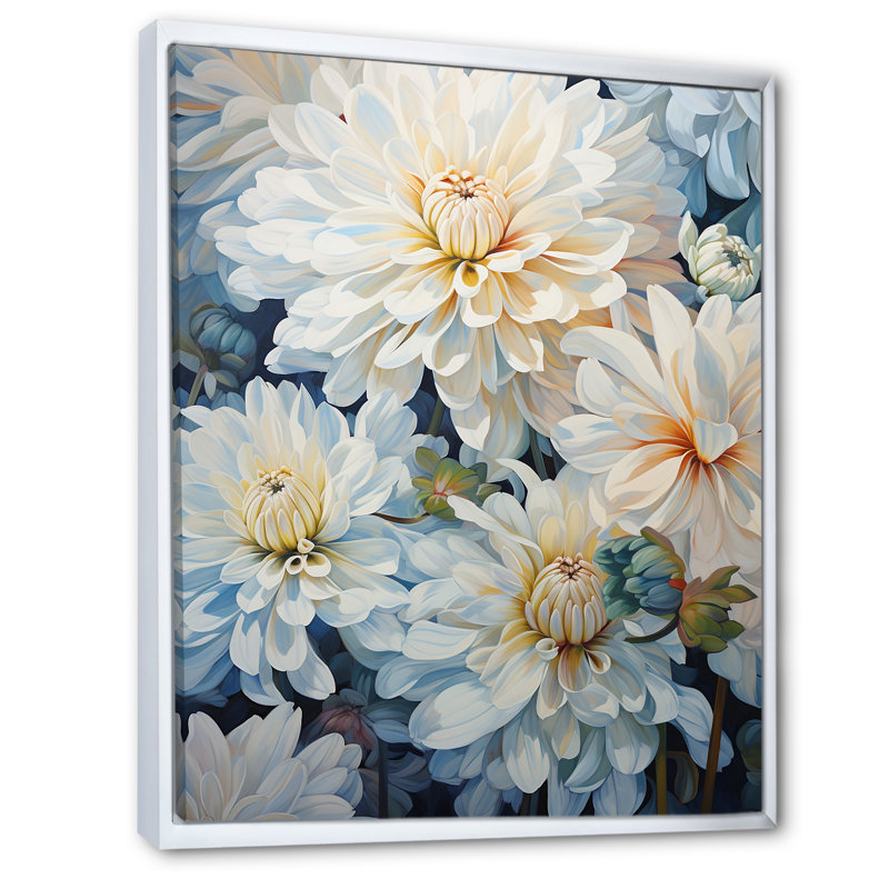 Minimalisme «Blooming Mums» en bleu et blanc V sur toile, H 32 po x l 24 po x P 1 po, Cadre flottant blanc