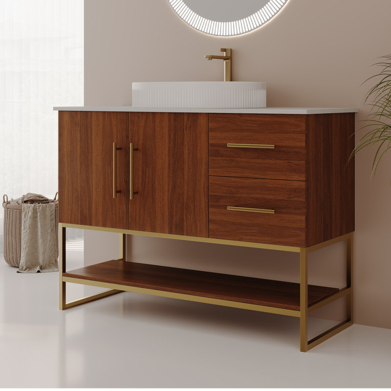 Meuble-lavabo moderne de 36 po avec lavabo vasque en céramique, armoire d'appoint dorée, Brun
