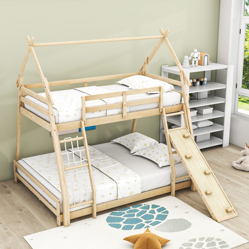 Twin Over Queen Wood House Bunk Bed With Climbing Nets And Ramp,Guardrails, Natural