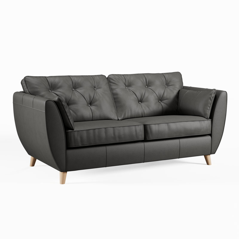 Marylin Leather 3 Seater Sofa, Raven, Light Wood