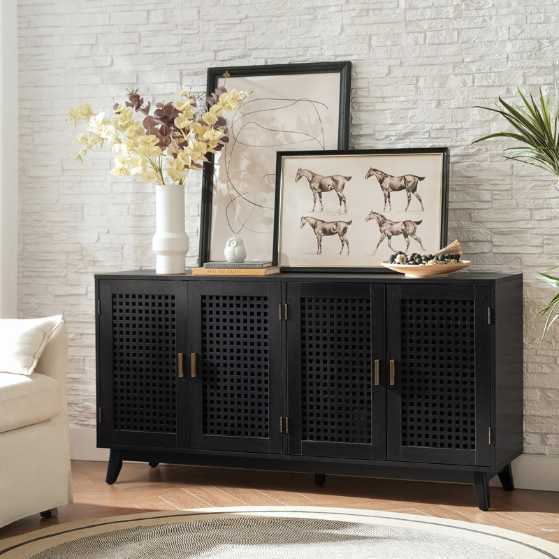Modern Berenika 58" Wide Sideboard with Latticework Doors, Black