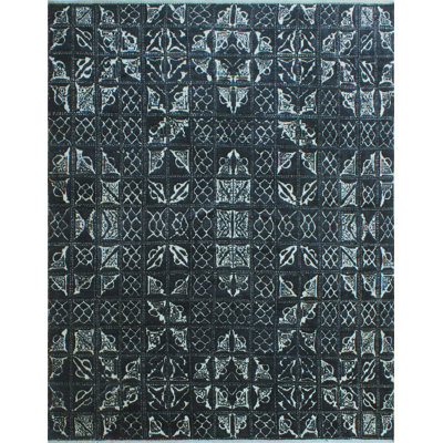 Tapis unique en laine noué à la main gris / bleu marine nouvel âge 8 pi 2 po x 9 pi 11 po Reveica