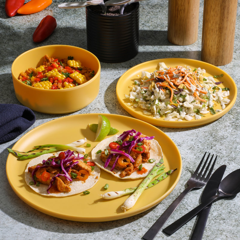 Yellow Gold Round Melamine Dinnerware Set, Service for 4