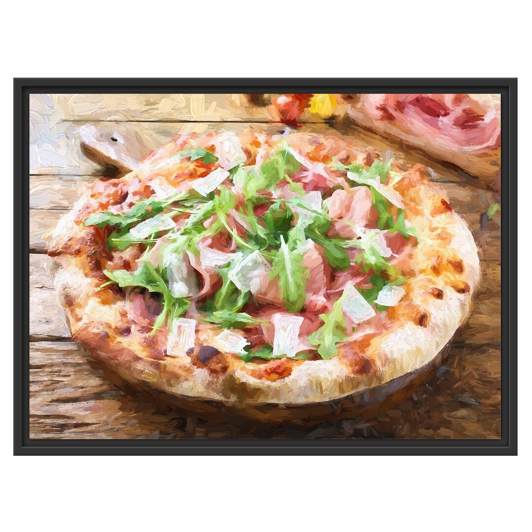 Gerahmtes Wandbild Prosciutto Pizza auf Holztisch