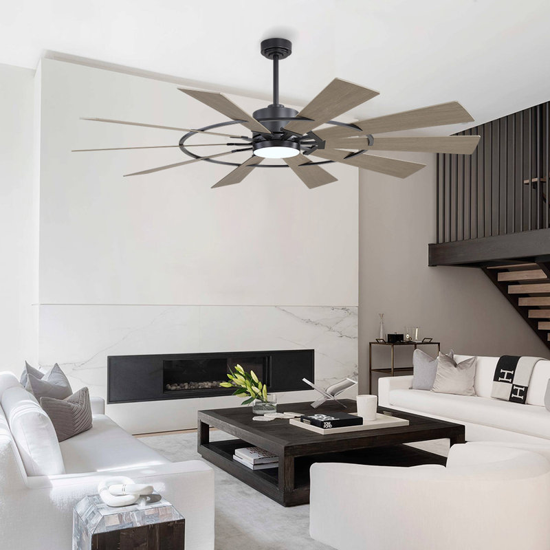 Windmill 84inch 10 Blades Ceiling Fan With Lights and Remote 3 Downrod Dc Motor 6-Speed,Matte Black Grey, Gray Wood, Black