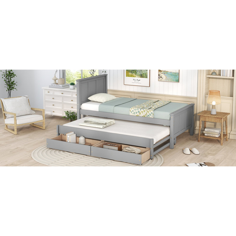 Twin Size Platform Bed With Trundle And Drawers, Gray, Gray