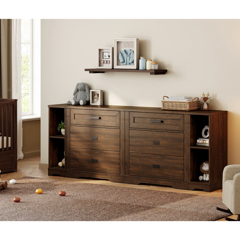 Commode de style campagnard moderne en bois avec 6 tiroirs et tablettes de rangement ouvertes pour adolescents Glenford, Brun