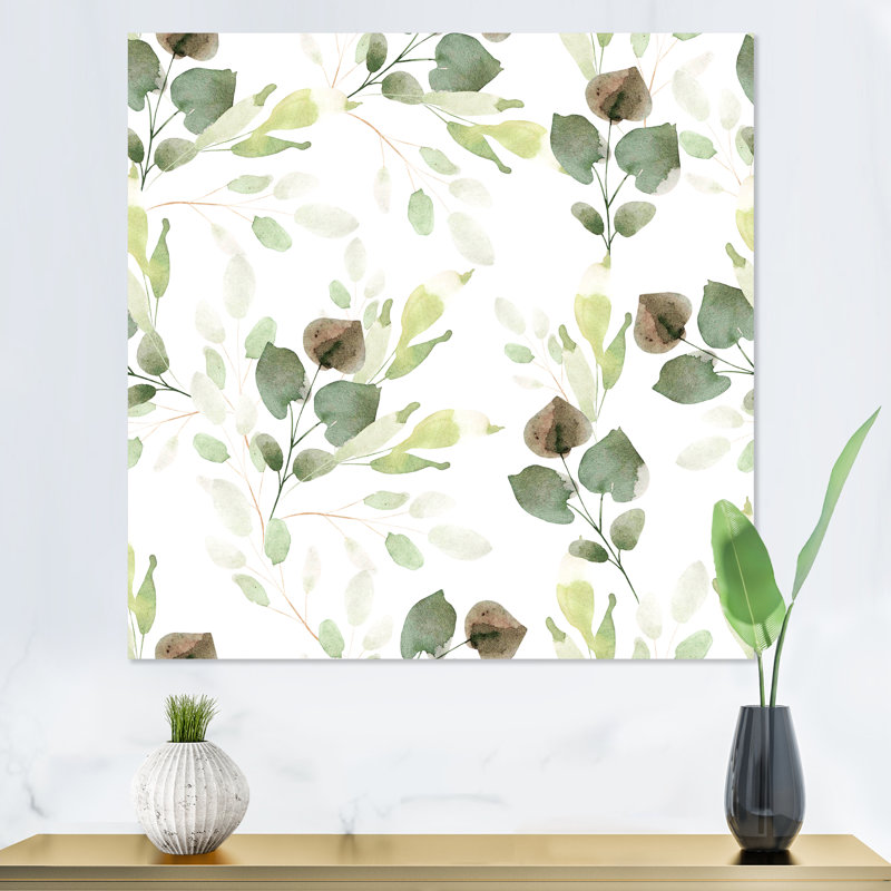 Feuilles vertes sur fond blanc - peinture sur toile, Toile tendue, H 30 po x l 30 po