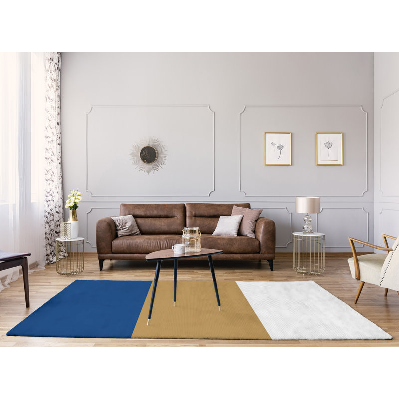 Tapis bleu royal rayé/doré/zone blanche Kansas, Rectangle 8 pi x 10 pi