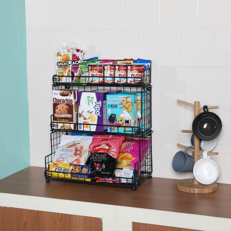 Panier de rangement empilable en métal à 3 niveaux pour comptoir et support mural pour armoire de cuisine, organisateur de bac ouvert avant multifonctionnel, noir