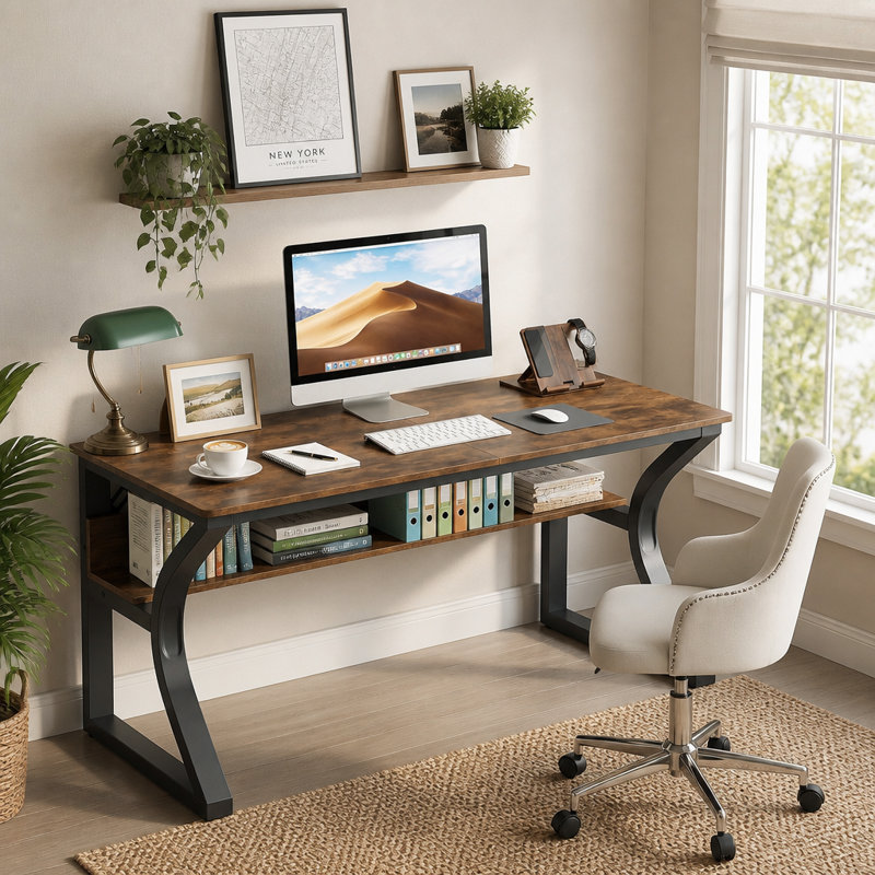 Bureau d'ordinateur de 47 po, bureau avec rangement, grand espace pour les jambes, table d'étude robuste en métal en forme de U, bureaux à domicile pour l'écriture de jeux vidéo, brun rustique