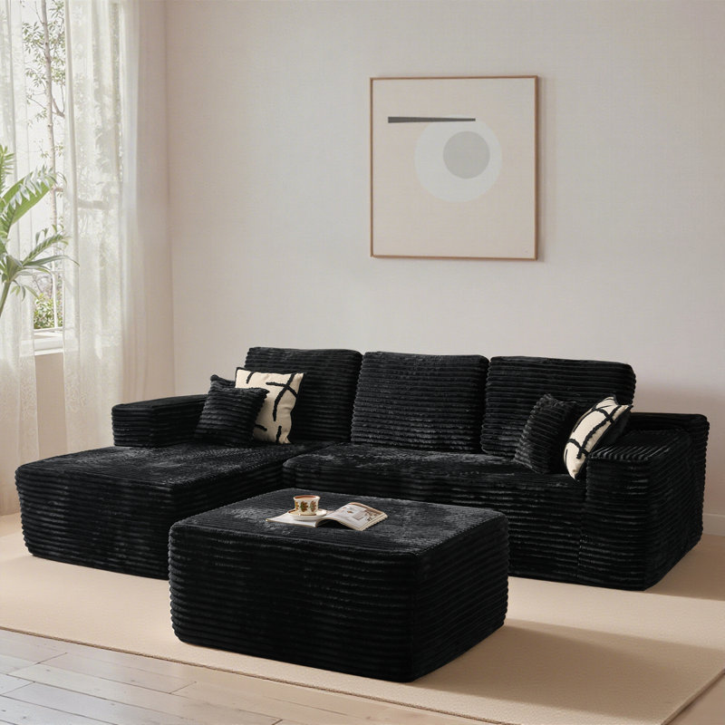 Canapé modulaire en velours côtelé avec repose-pieds 3 pièces Boneless Compression, Velours côtelé noir