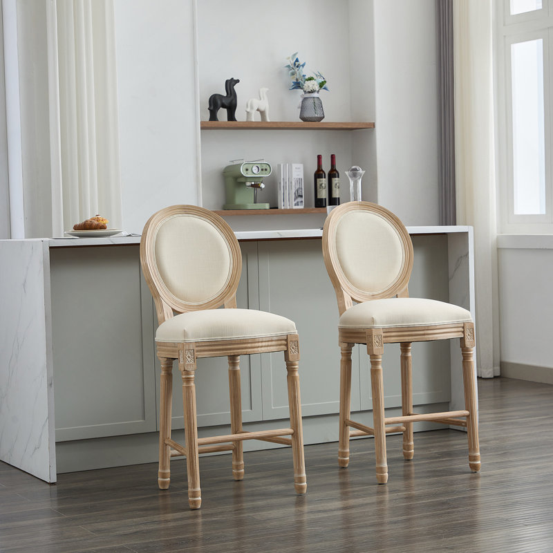 Solid Wood Bar Stools Set Of 2, Classic French Country Wooden Barstools With Upholstered Seating