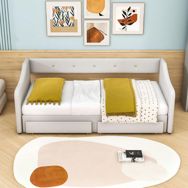 Twin XL Upholstered Daybed with 2 Drawers, Beige