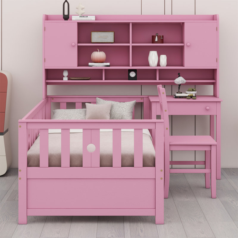 Multifunctional Wood Platform Bed With Bookshelf At The Head Of The Bed, Built-In Desk And Matching Chair, Pink