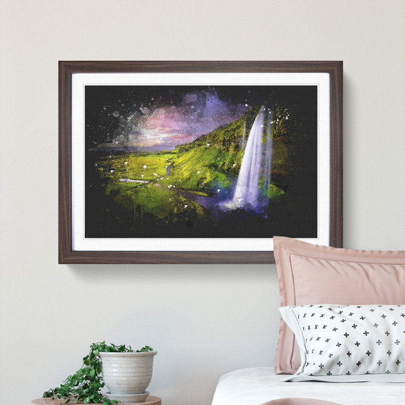 Seljalandsfoss Waterfall Iceland - Picture Frame Graphic Art, 45cm H x 63cm W x 2cm D, Walnut Framed
