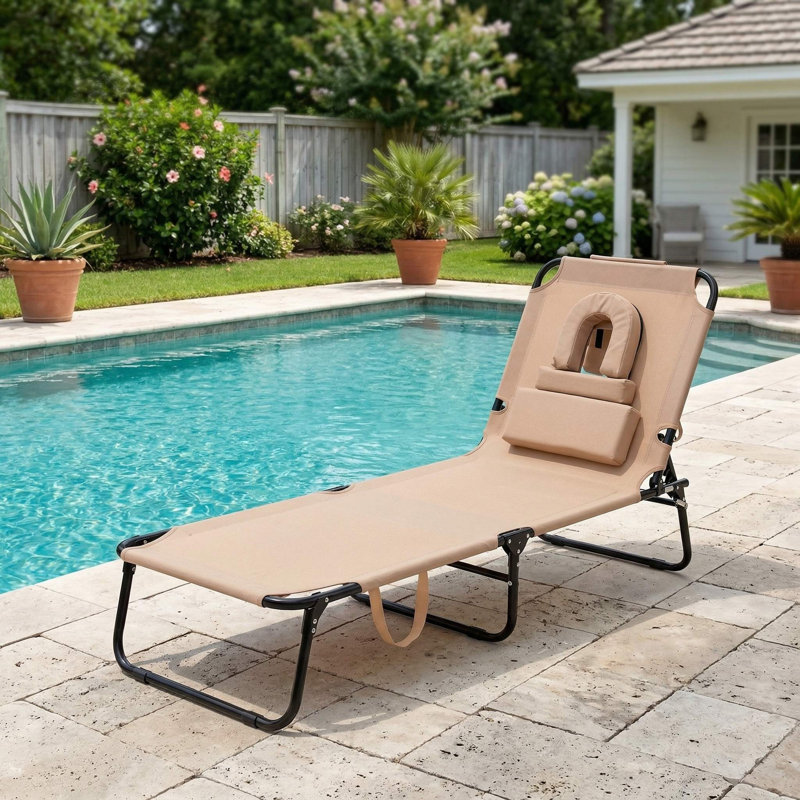 Fauteuil de bronzage extérieur pliable avec trou pour le visage respirant et 3 coussins moelleux amovibles pour la plage
